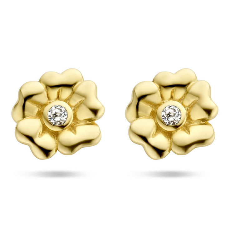 Oorknoppen Bloem geelgoud-zirconia wit 6,5 mm