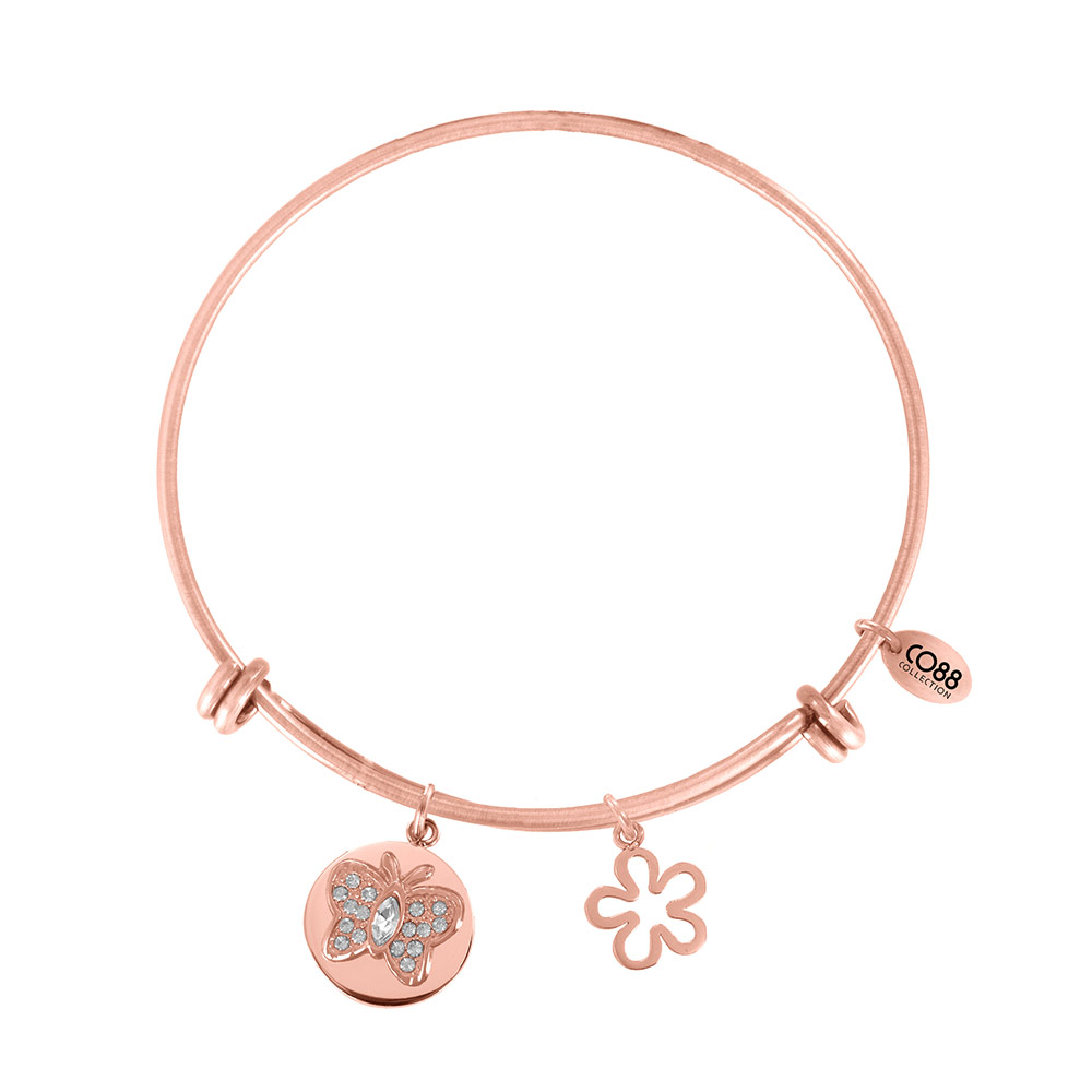 CO88 Collection Sense 8CB 10008 Stalen Armband met Hangers - Zirkonia Vlinder en Bloem - One-size - Rosékleurig