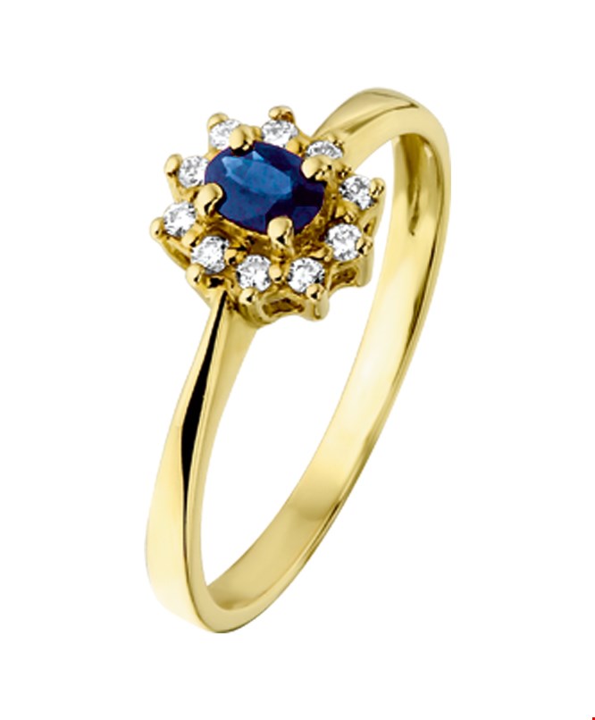 Ring geelgoud-saffier-diamant blauw-wit 0,08ct Hp1