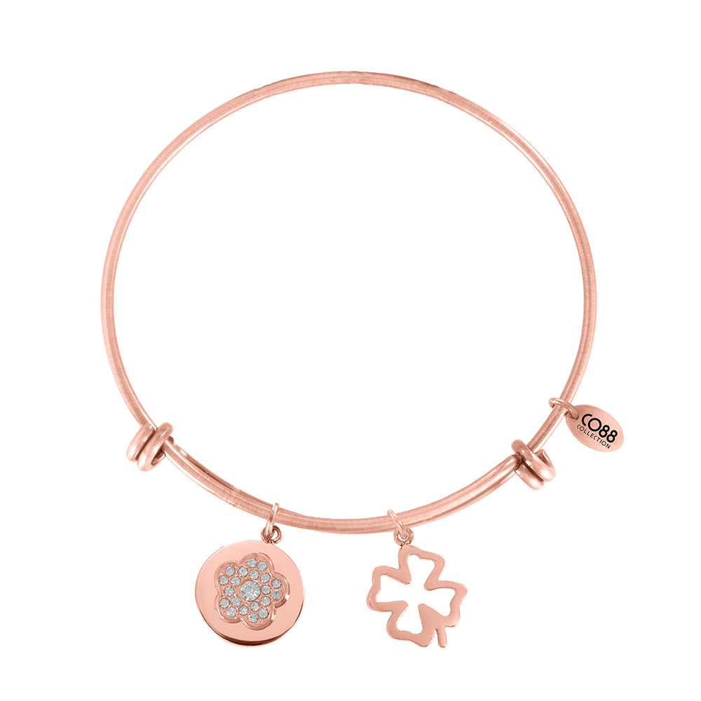 CO88 Collection Sense 8CB 10011 Stalen Armband met Hangers - Zirkonia Bloem en Klaver - One-size - Rosékleurig