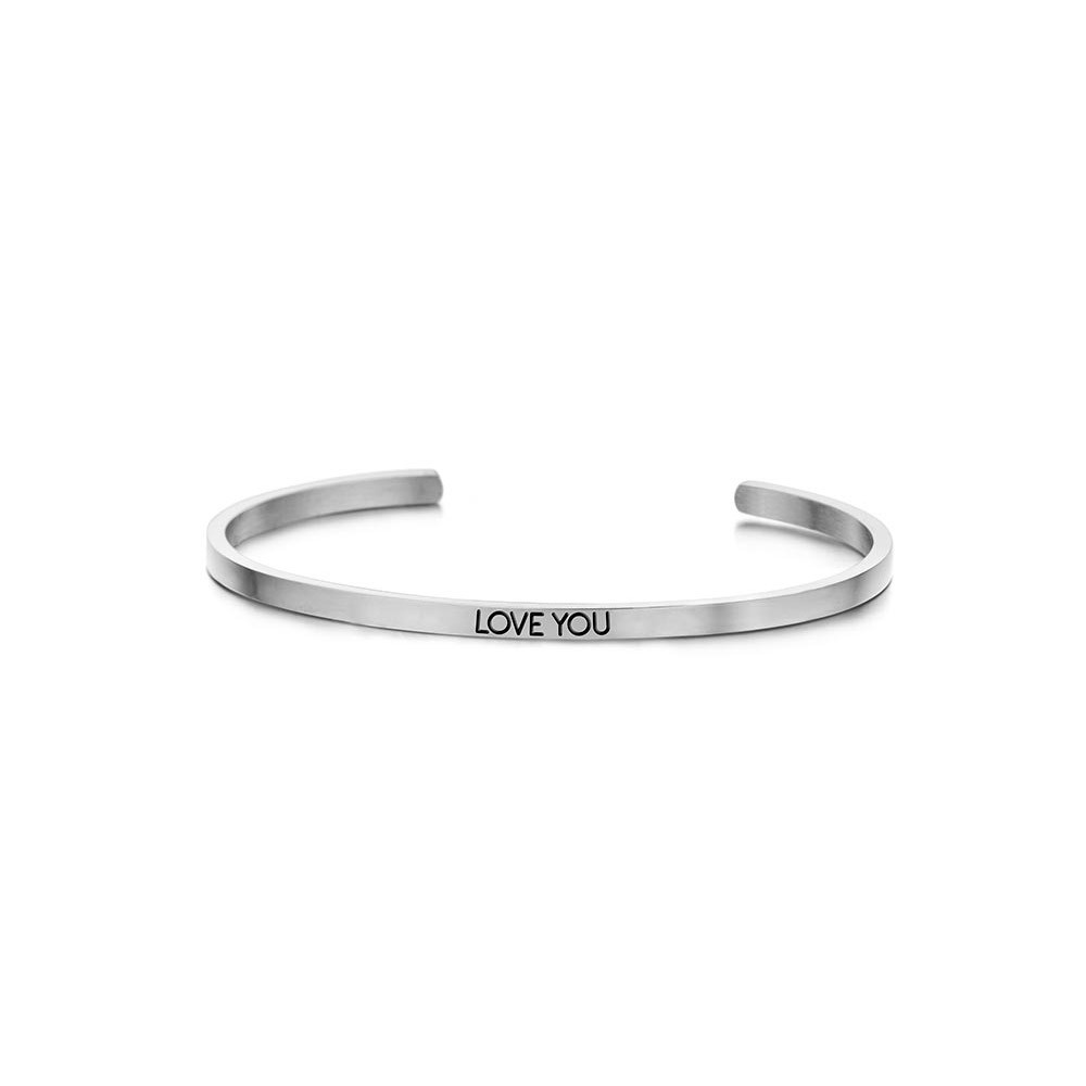 Key Moments 8KM-BG0009 Stalen open bangle met tekst love you zirkonia one-size zilverkleurig