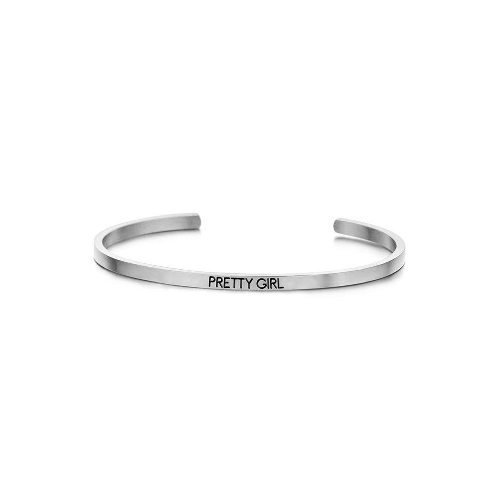 Key Moments 8KM-BG0005 Stalen open bangle met tekst pretty girl zirkonia one-size zilverkleurig